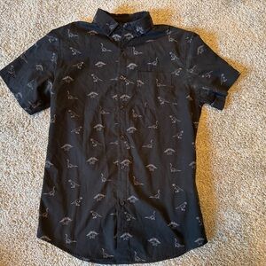 Black Short-Sleeve Button-Down Shirt with Dino Print